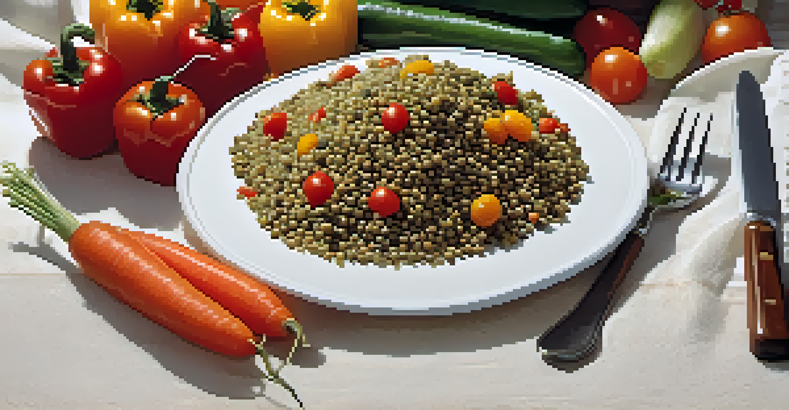 A plate of sprouted lentils, quinoa, and colorful vegetables arranged artfully on a table, with soft lighting.