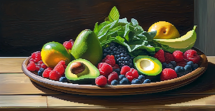 A colorful arrangement of fresh fruits and vegetables on a wooden table, illuminated by sunlight.