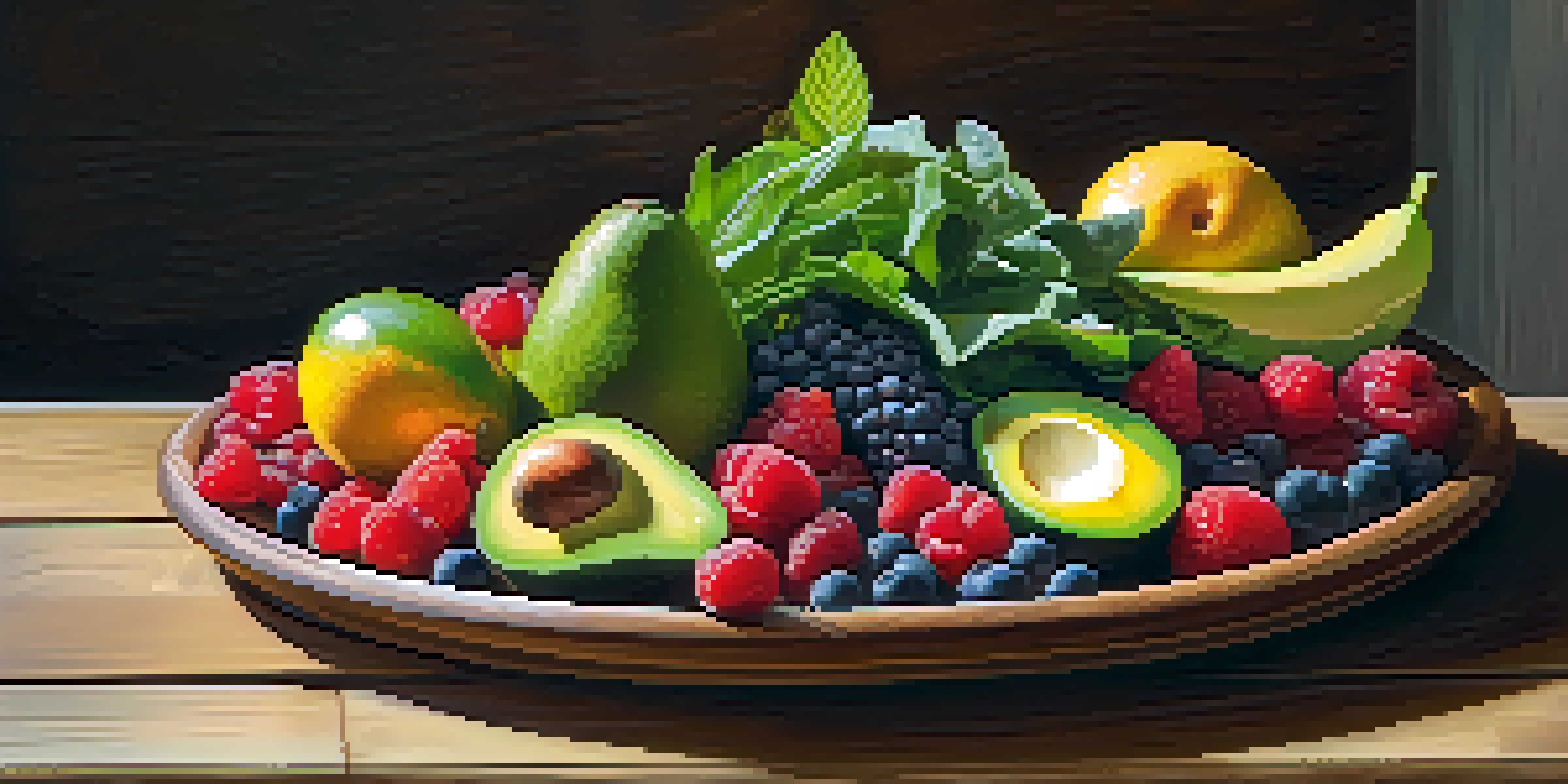 A colorful arrangement of fresh fruits and vegetables on a wooden table, illuminated by sunlight.