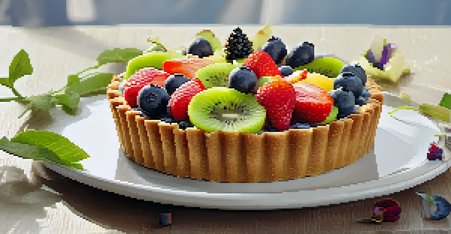 A raw fruit tart with colorful fruits and edible flowers on a white plate in a sunlit kitchen.