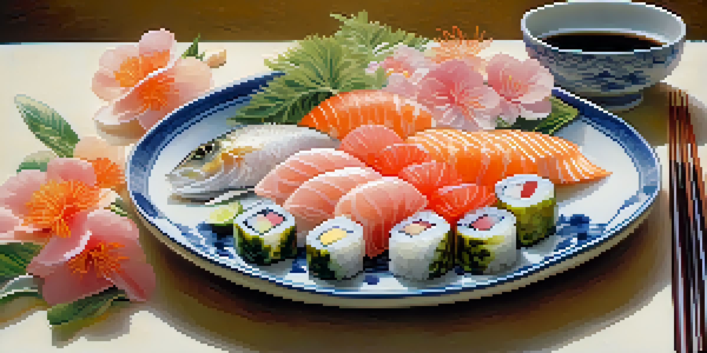 A plate of sashimi with various fish beautifully arranged against a backdrop of cherry blossom trees in a Japanese garden.