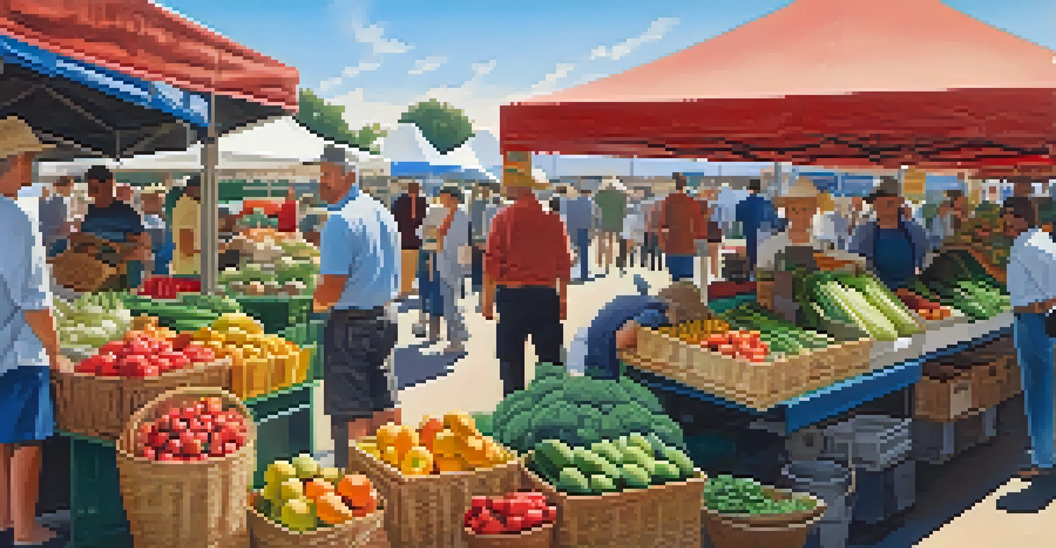 A vibrant farmers' market with fresh produce and people shopping under a sunny sky.