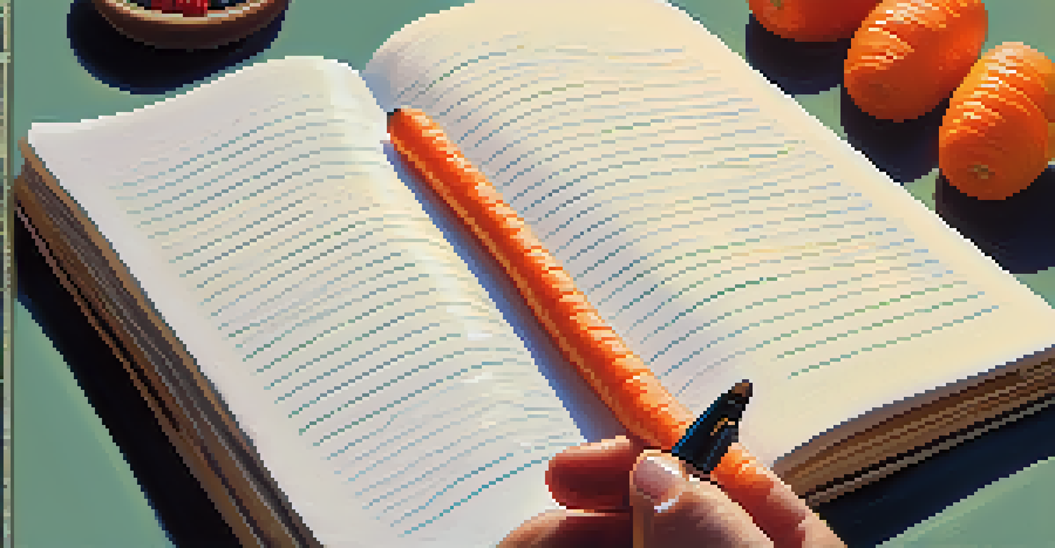 A close-up of an open journal with notes about emotional eating, accompanied by raw snacks like carrot sticks and berries. A hand is holding a pen, ready to write.