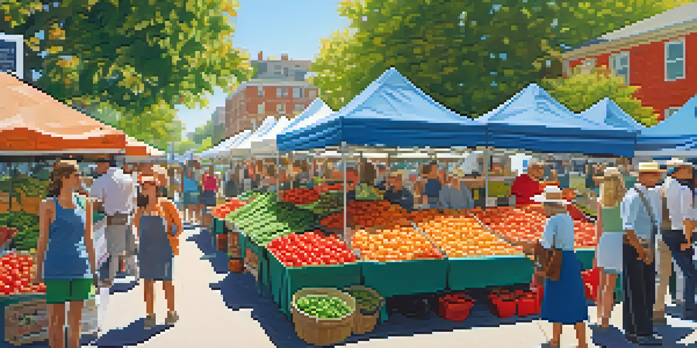 A lively farmers' market with various colorful fruits and vegetables, people engaging and enjoying the fresh produce.