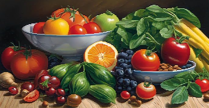 An artistic arrangement of fresh raw fruits and vegetables on a wooden table, illuminated by soft natural light.