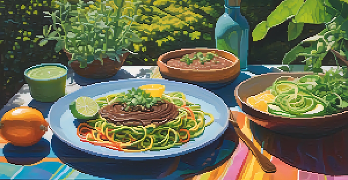 A vibrant outdoor table set with colorful raw food dishes, including zucchini pasta and chocolate mousse, surrounded by lush greenery.