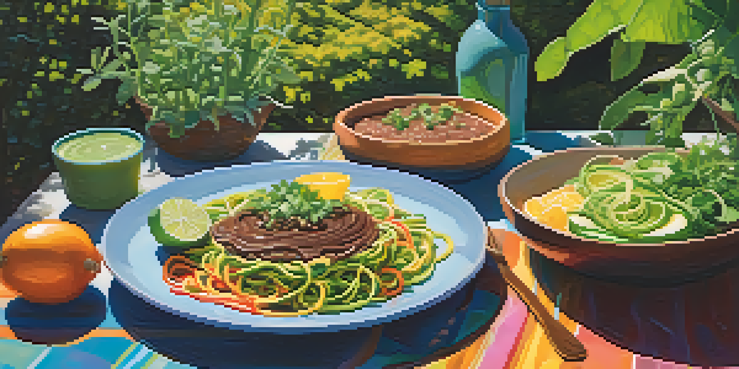 A vibrant outdoor table set with colorful raw food dishes, including zucchini pasta and chocolate mousse, surrounded by lush greenery.