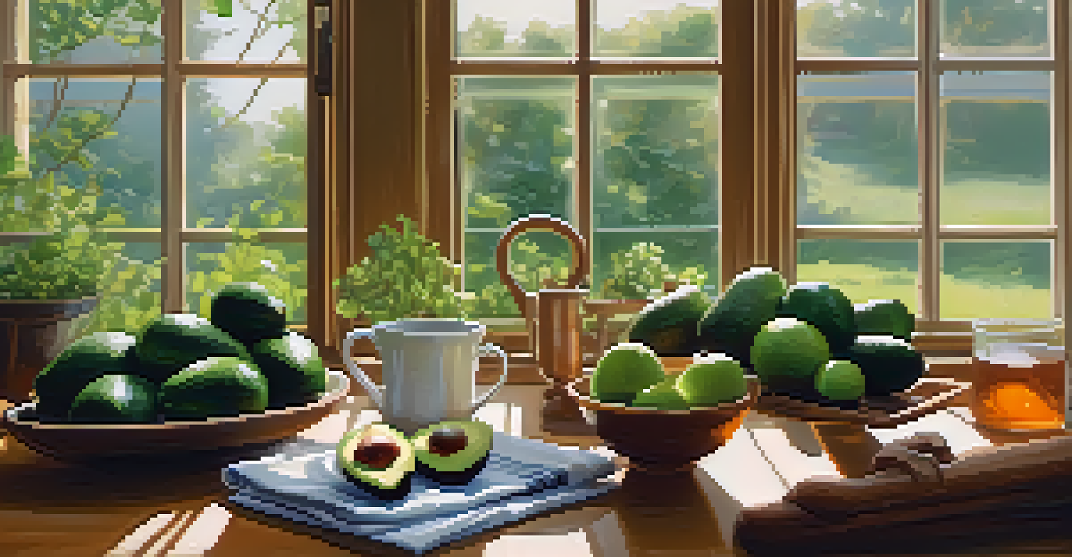 A cozy kitchen with a wooden table displaying raw food ingredients and a glass of herbal tea, with warm sunlight streaming in.