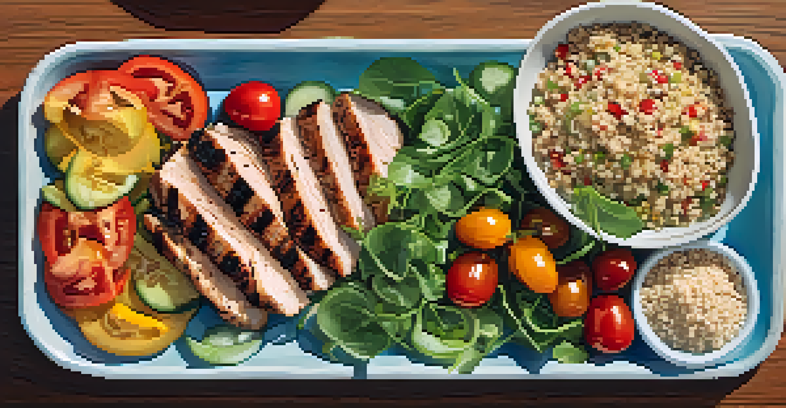 An overhead view of a balanced meal with raw salad and cooked quinoa and chicken, showcasing a variety of colors and textures.