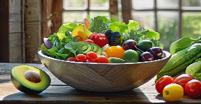 A colorful salad bowl filled with fresh raw fruits and vegetables, illuminated by natural sunlight.