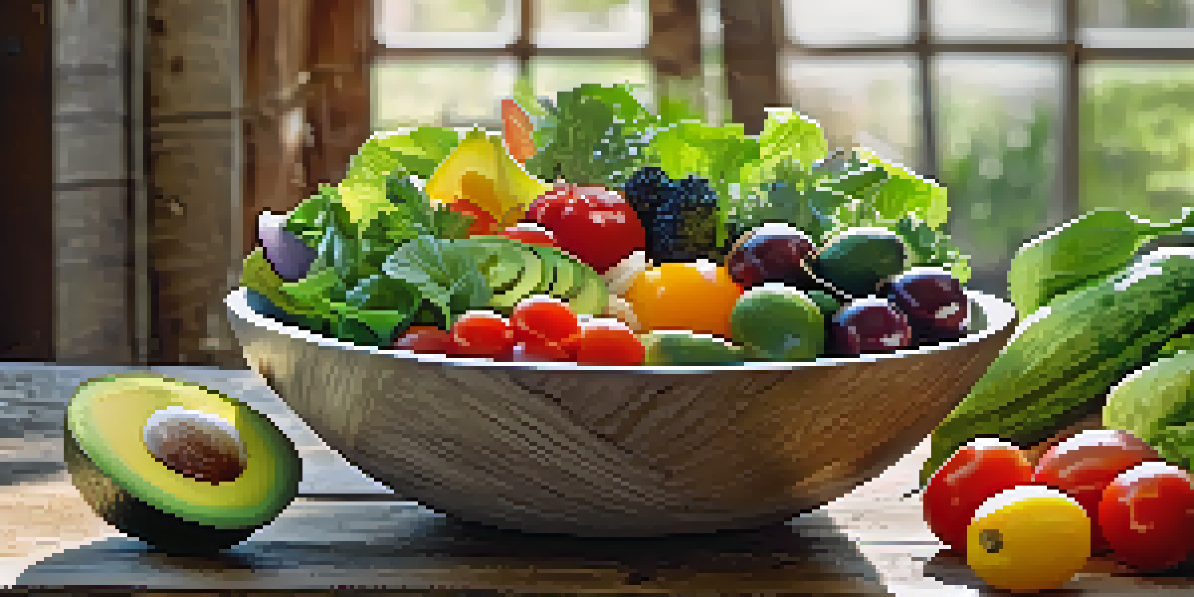 A colorful salad bowl filled with fresh raw fruits and vegetables, illuminated by natural sunlight.