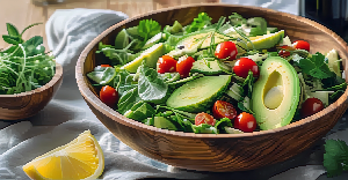 A colorful raw salad with leafy greens, cucumbers, cherry tomatoes, and avocado in a wooden bowl, illuminated by sunlight.