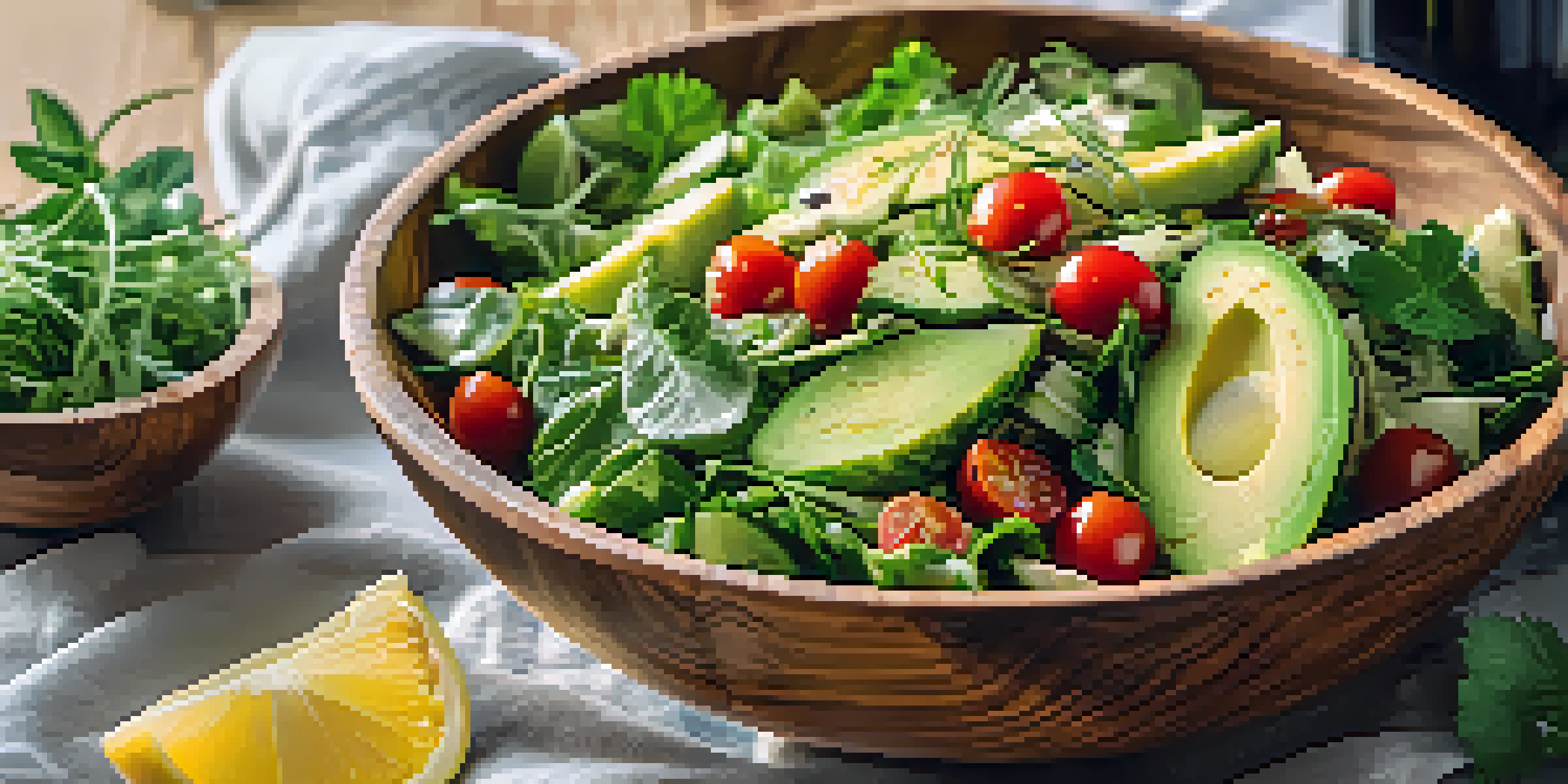 A colorful raw salad with leafy greens, cucumbers, cherry tomatoes, and avocado in a wooden bowl, illuminated by sunlight.