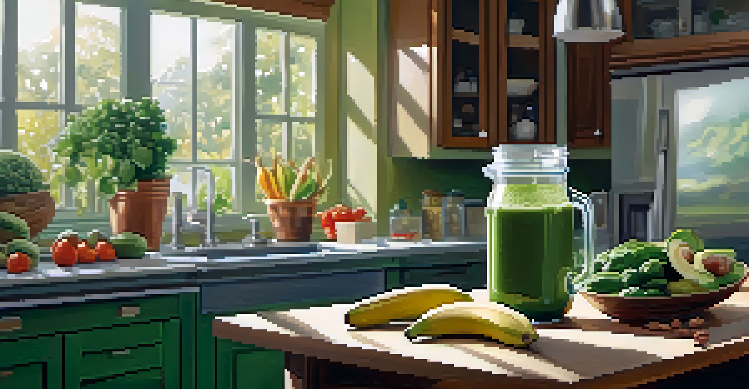 A kitchen scene featuring a blender with a green smoothie, surrounded by fresh fruits and vegetables, with sunlight streaming in, creating an inviting and healthy atmosphere.