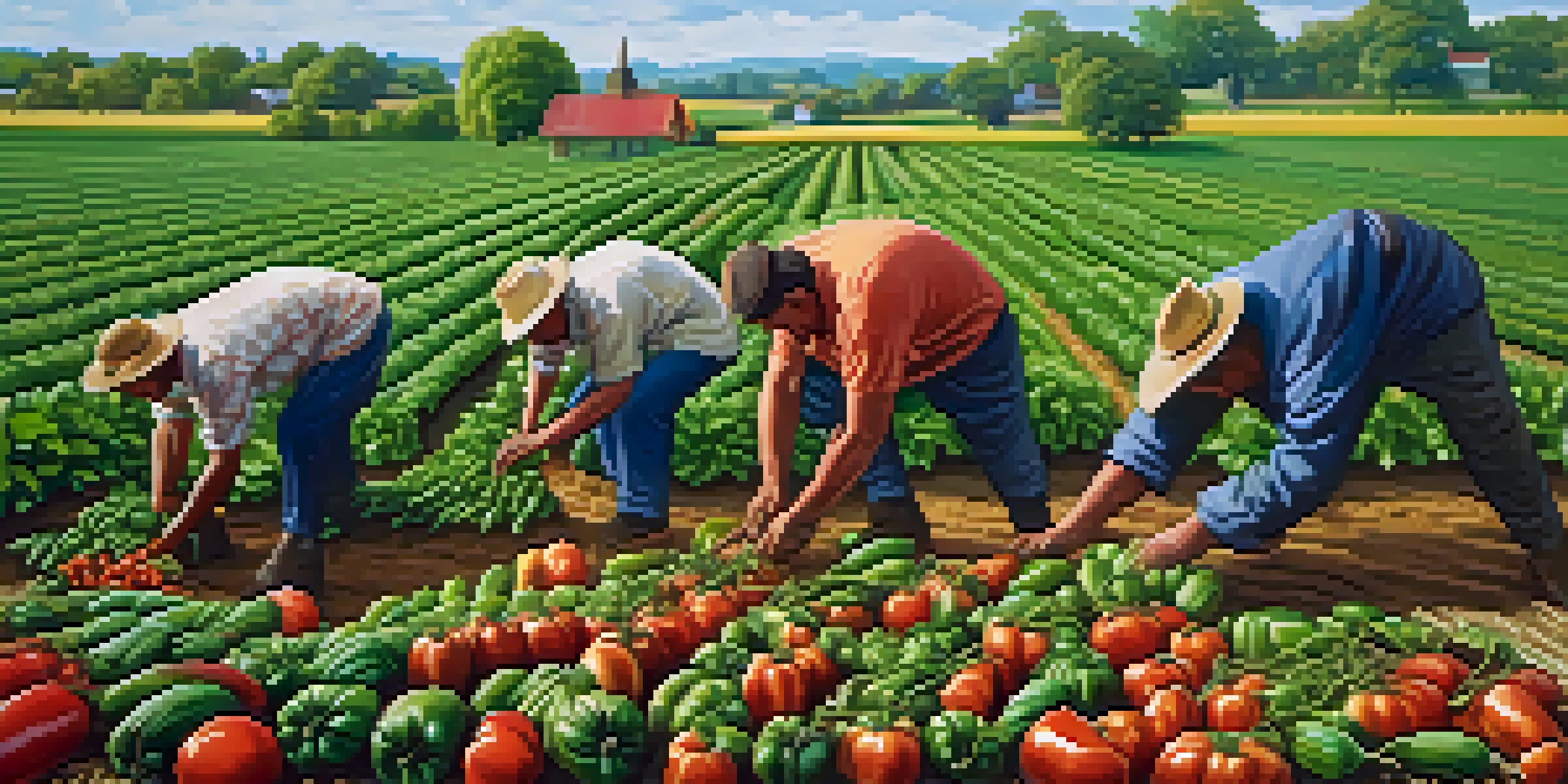 A group of diverse farmers harvesting organic crops in a sunlit field, surrounded by vibrant vegetables.