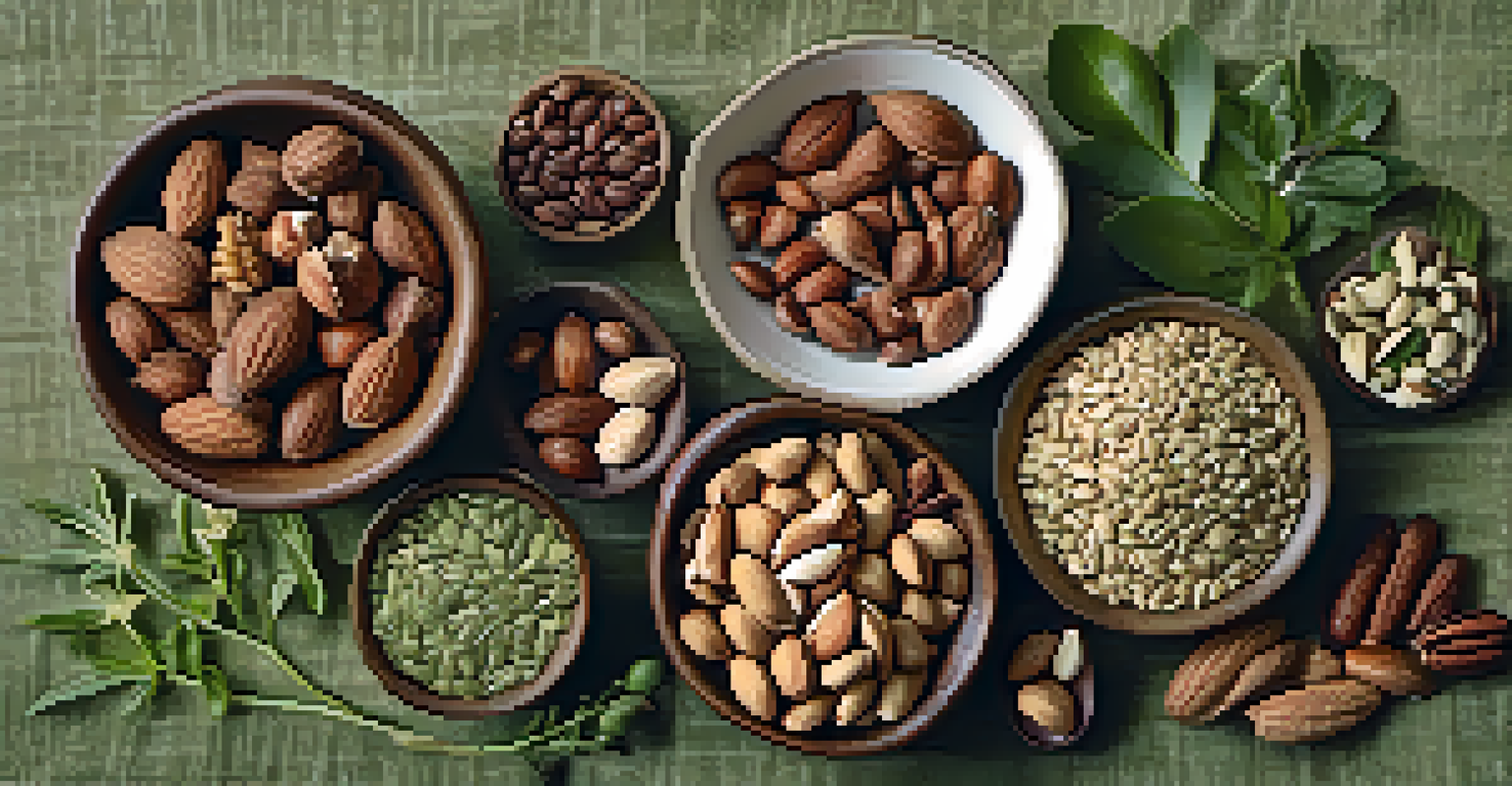 An assortment of raw nuts, seeds, and herbs in small bowls on a textured fabric, emphasizing their natural colors and textures under gentle lighting.