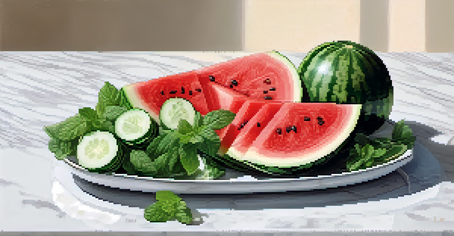 A platter of sliced cucumbers and watermelon, garnished with mint on a white marble surface.