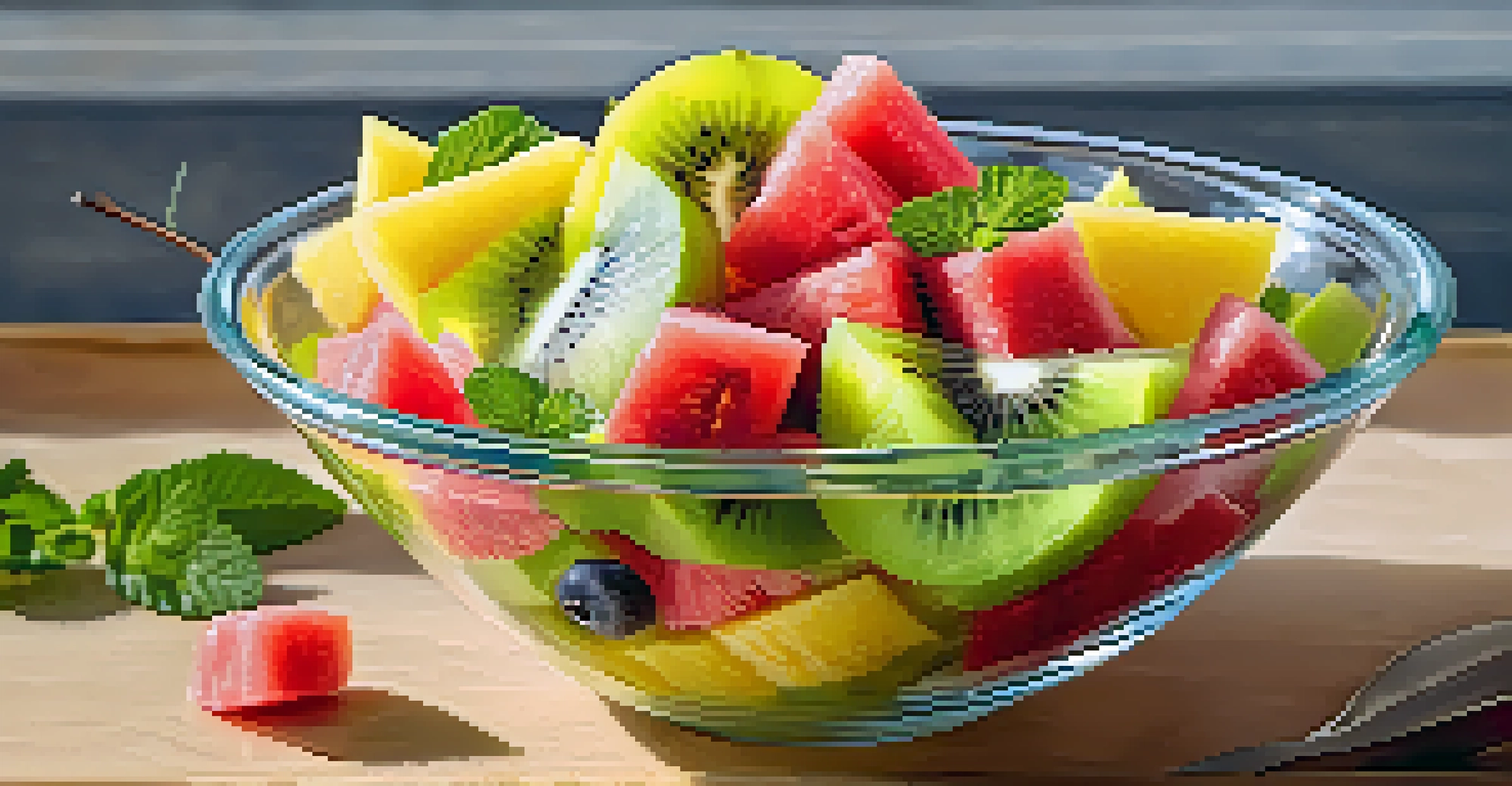 A close-up of a raw fruit salad in a clear glass bowl featuring watermelon, pineapple, and kiwi.