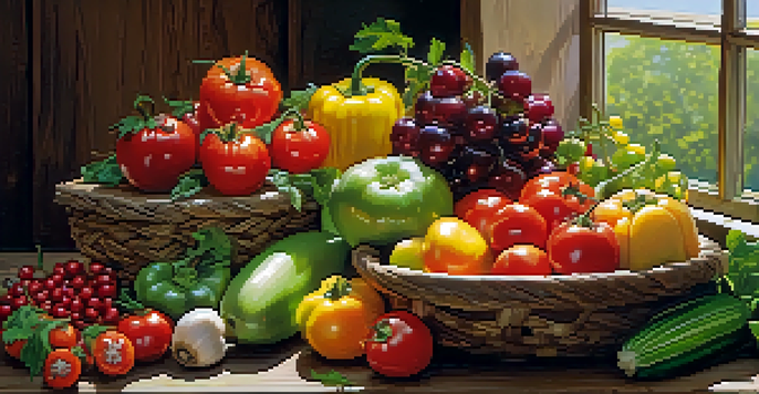 A colorful arrangement of fresh raw fruits and vegetables on a wooden table, illuminated by soft natural light.