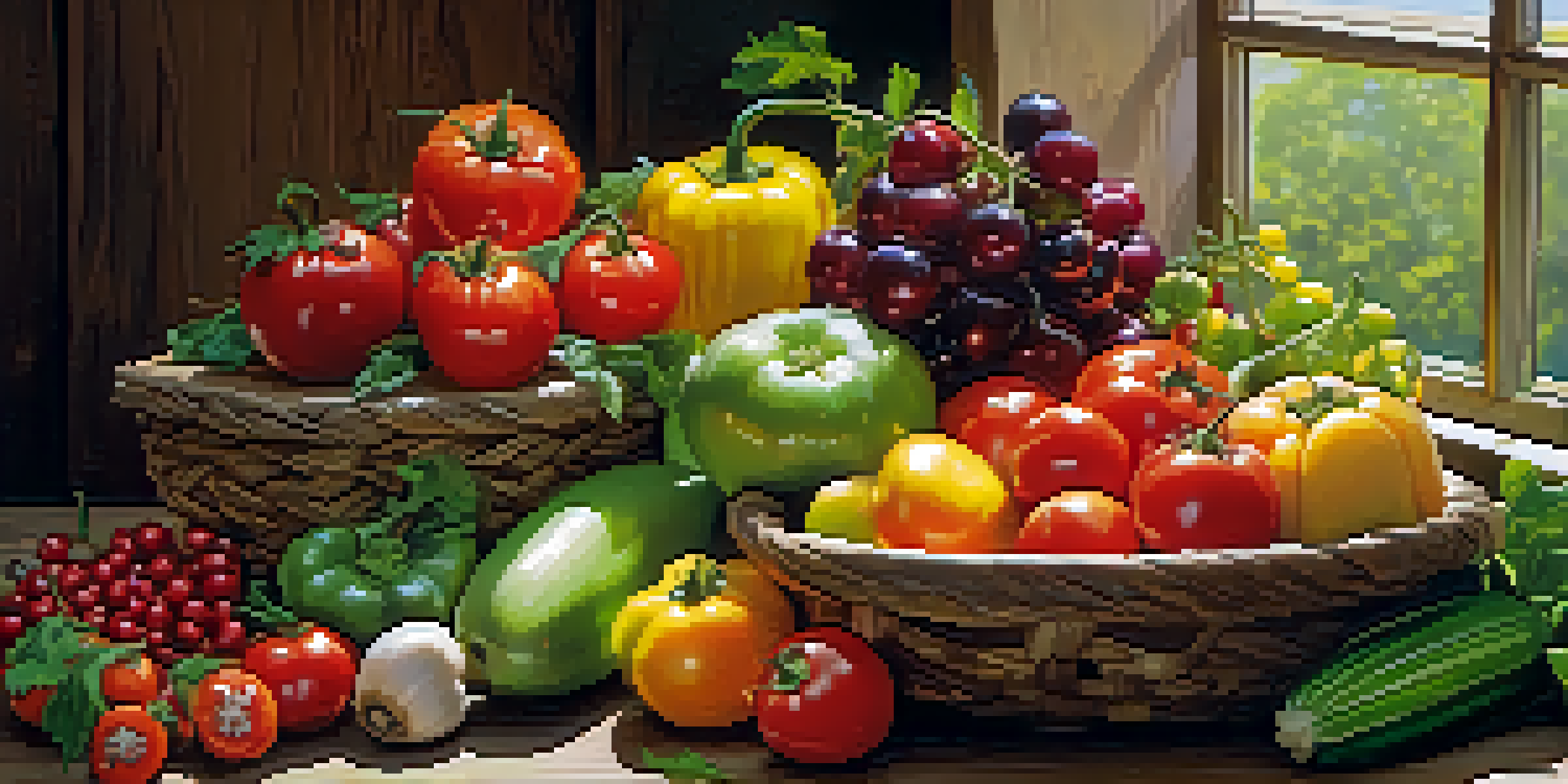 A colorful arrangement of fresh raw fruits and vegetables on a wooden table, illuminated by soft natural light.