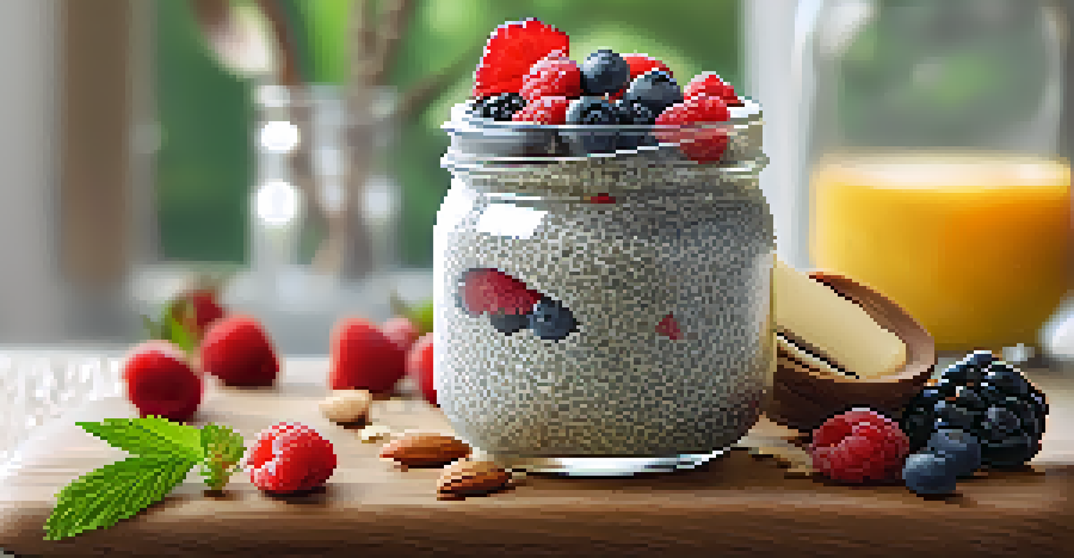 A glass jar of chia seed pudding topped with berries and nuts, placed in a well-lit kitchen with plants in the background.