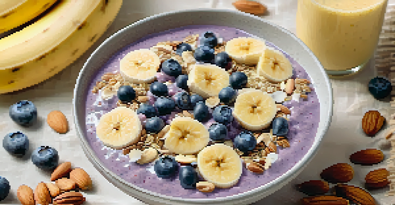 A smoothie bowl filled with colorful toppings such as bananas, blueberries, and chia seeds, set on a bright table with a spoon and raw nuts nearby, all illuminated by natural sunlight.