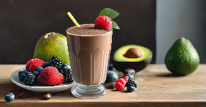 A clear glass filled with a creamy cocoa and avocado smoothie, topped with fresh berries and cocoa powder on a wooden table.