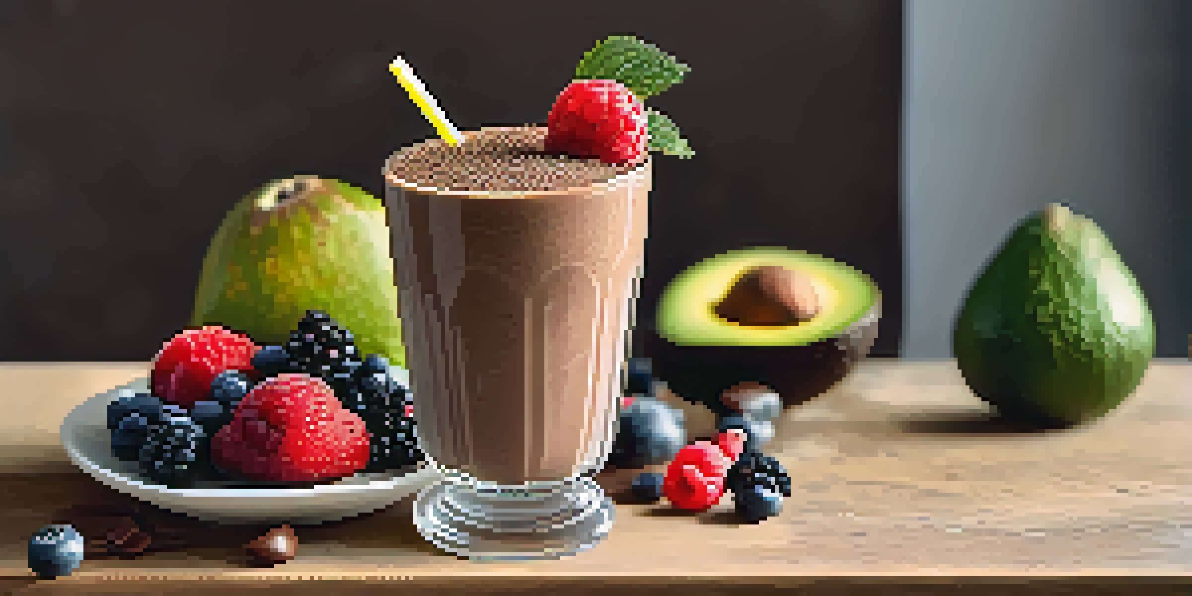 A clear glass filled with a creamy cocoa and avocado smoothie, topped with fresh berries and cocoa powder on a wooden table.