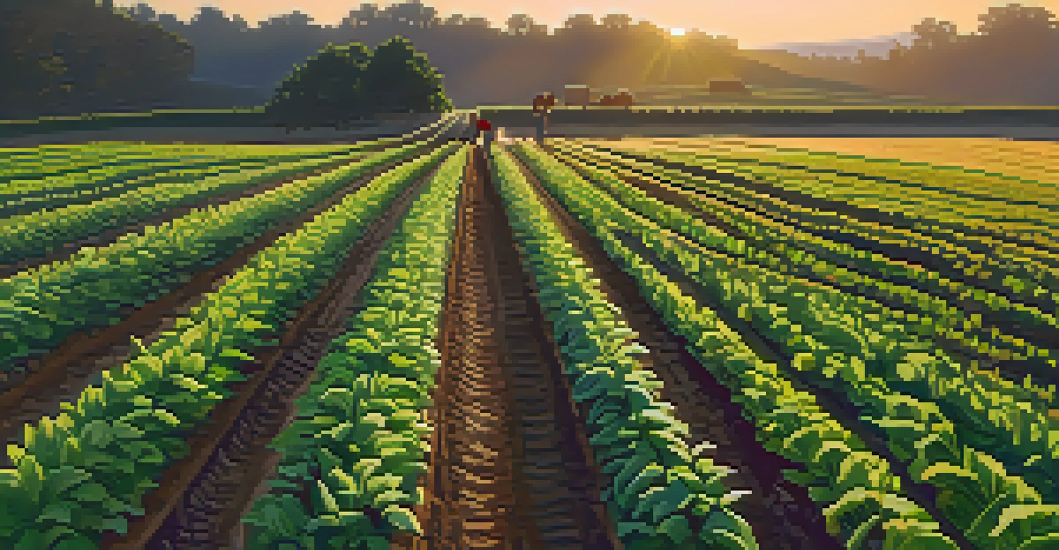 A close-up view of a green field with healthy crops and a farmer tending to them during sunset.
