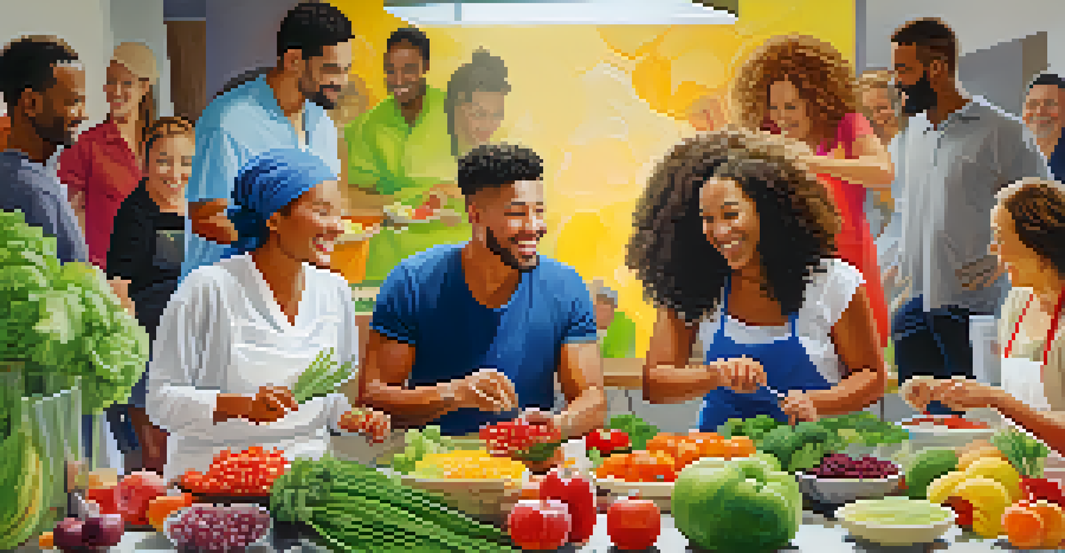 A lively raw food workshop with diverse participants preparing colorful fruits and vegetables, creating an atmosphere of joy and community.