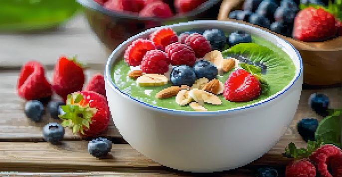 A colorful smoothie bowl with bananas, spinach, and almond milk, topped with fresh berries on a wooden table.