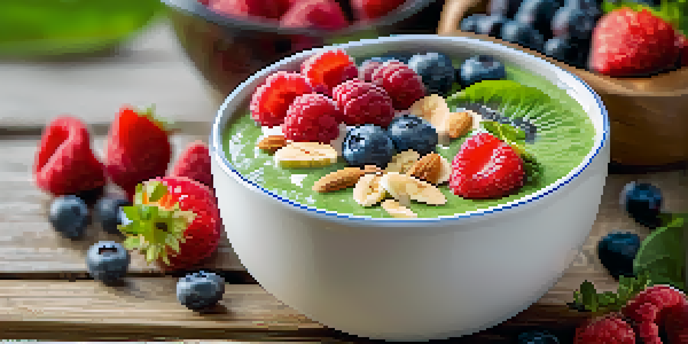 A colorful smoothie bowl with bananas, spinach, and almond milk, topped with fresh berries on a wooden table.