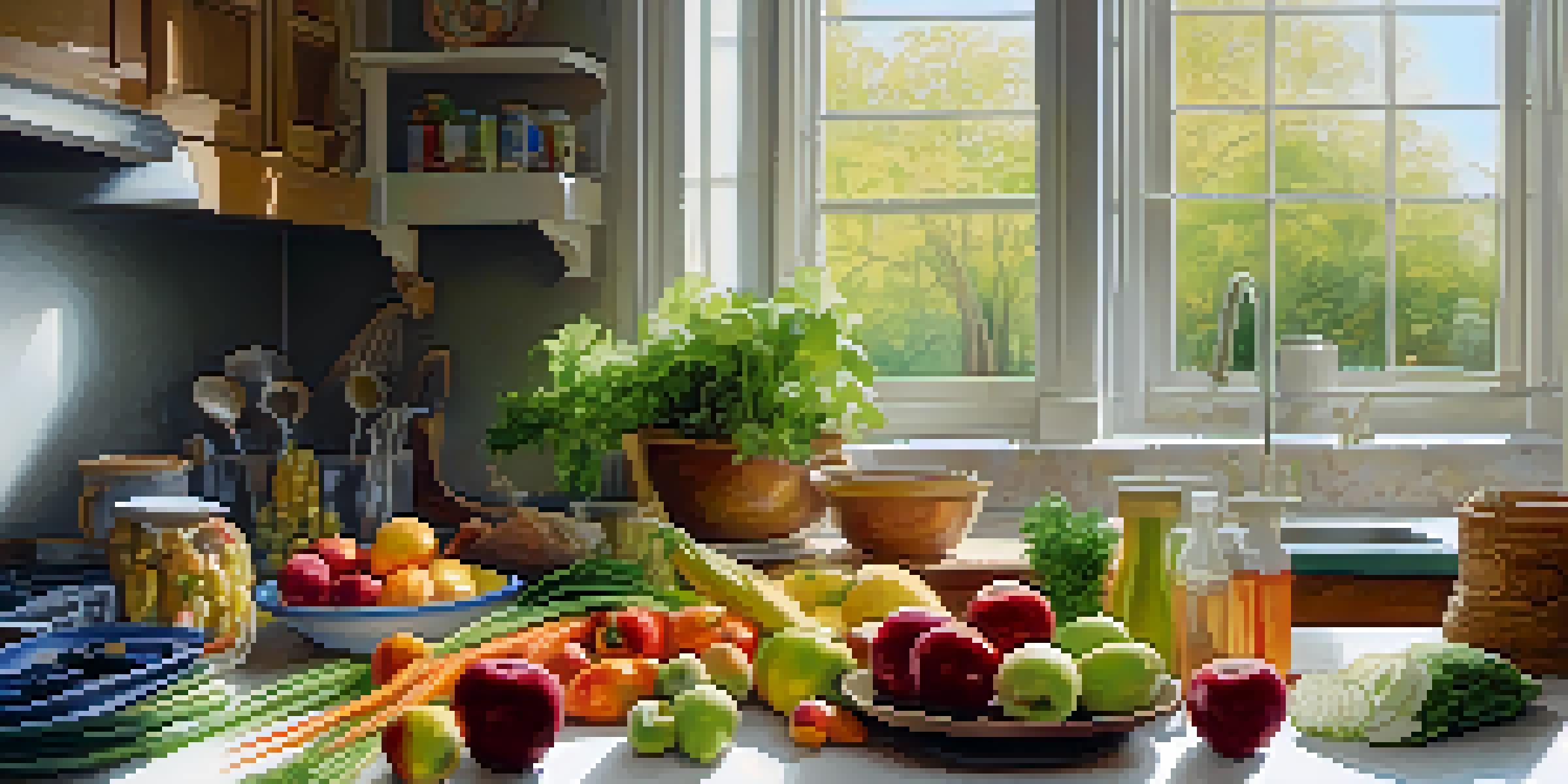 A bright kitchen scene featuring fresh fruits and vegetables on a clean countertop, with hands washing an apple.