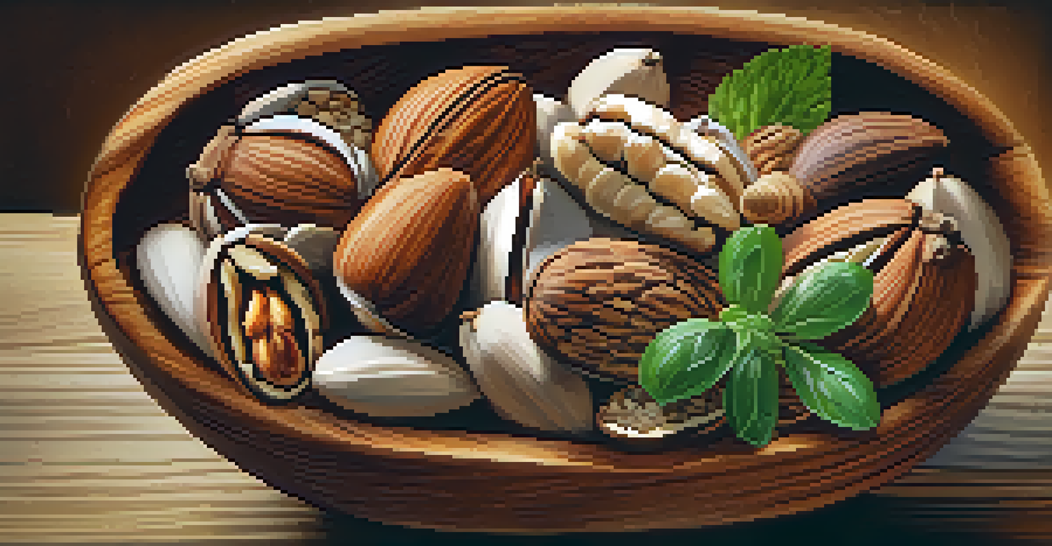 A close-up of a wooden bowl filled with assorted raw nuts and seeds, garnished with herbs.