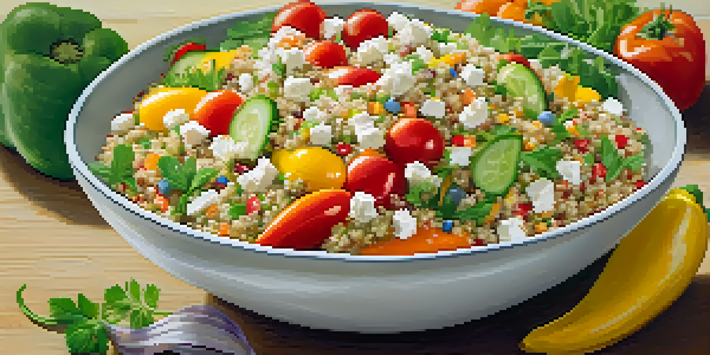 A colorful raw food bowl with quinoa, cucumbers, cherry tomatoes, carrots, bell peppers, and feta cheese, garnished with olive oil and lemon dressing.