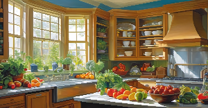 A bright kitchen filled with fresh fruits and vegetables on the countertop, showcasing a colorful array of ingredients.