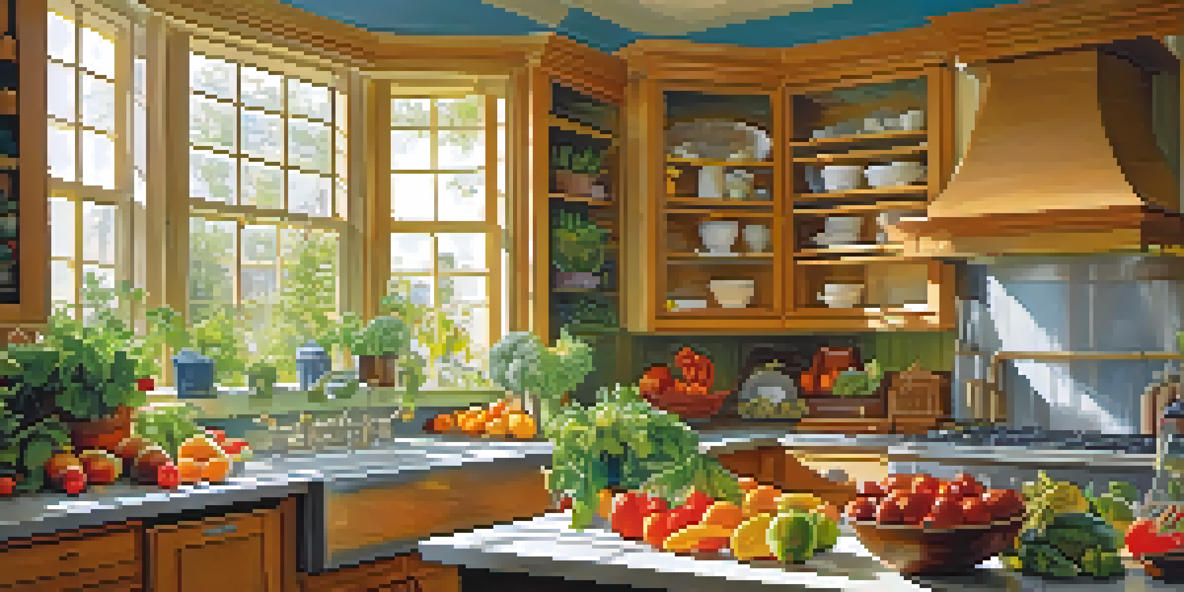 A bright kitchen filled with fresh fruits and vegetables on the countertop, showcasing a colorful array of ingredients.