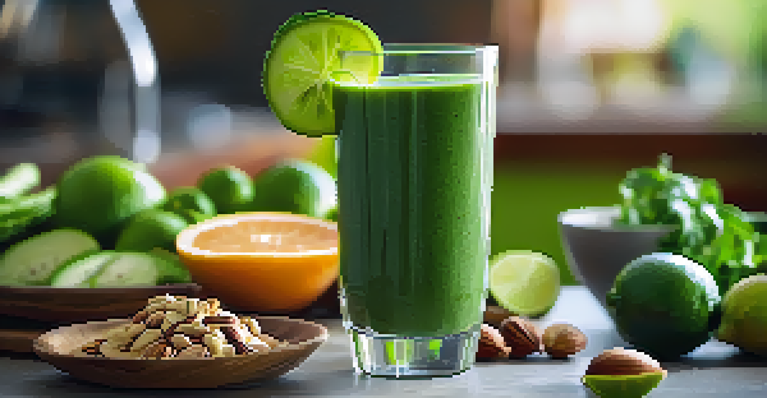 A close-up of a green smoothie in a clear glass with a lime slice, surrounded by fresh ingredients in a bright kitchen.