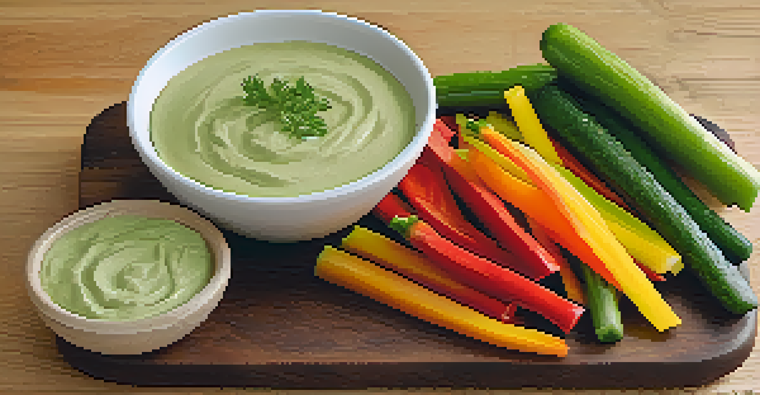 A plate of raw vegetable sticks accompanied by avocado dip, presented on a wooden table with herbs scattered around.