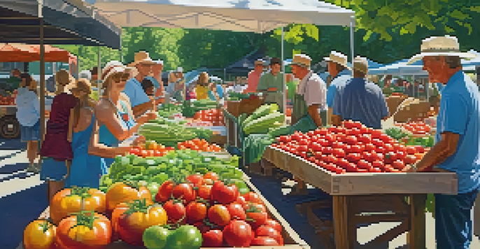 A bustling summer farmer's market filled with fresh seasonal vegetables and fruits, with sunlight streaming through the trees and people engaging with farmers.