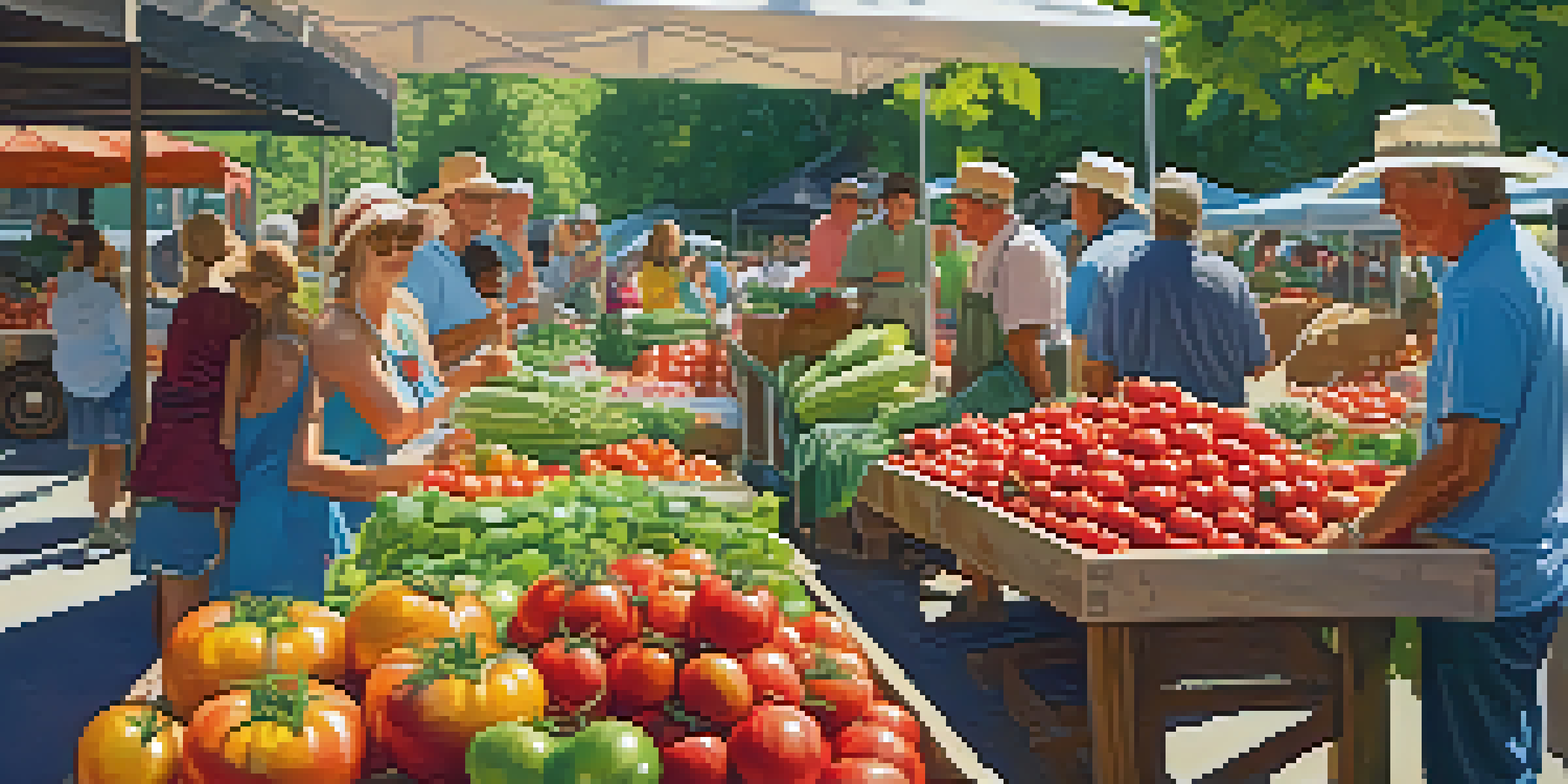 A bustling summer farmer's market filled with fresh seasonal vegetables and fruits, with sunlight streaming through the trees and people engaging with farmers.