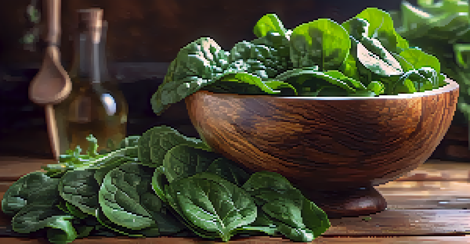 A close-up of fresh leafy greens like spinach and kale in a rustic wooden bowl, highlighting their dewy texture and rich colors.