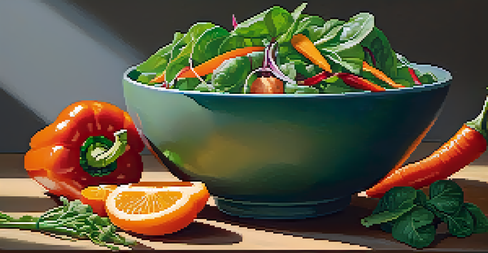 A colorful raw salad with spinach, carrots, and bell peppers in a bowl, illuminated by sunlight.