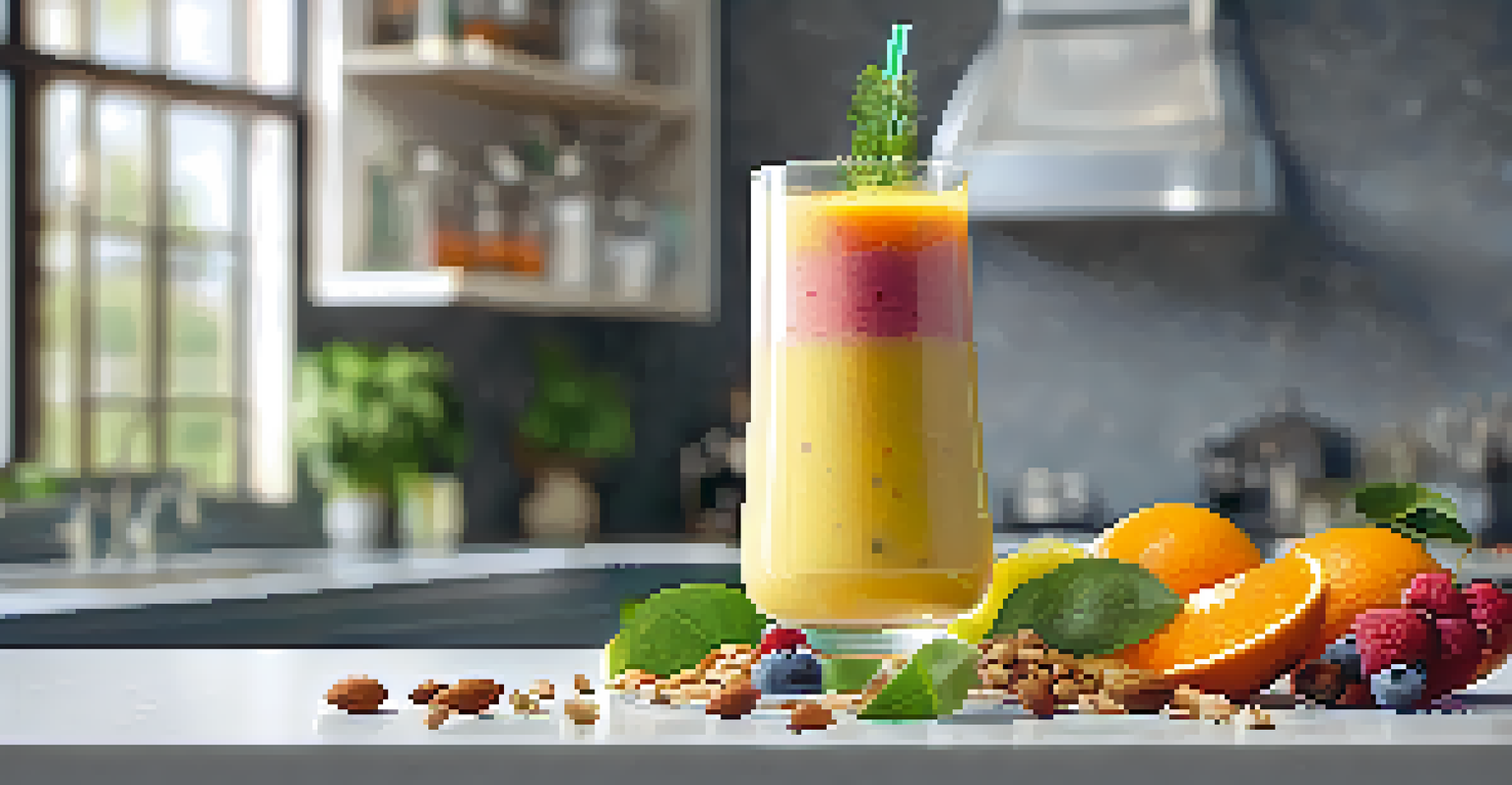 A close-up of a refreshing smoothie in a clear glass, topped with nuts and an orange slice, against a blurred kitchen background.