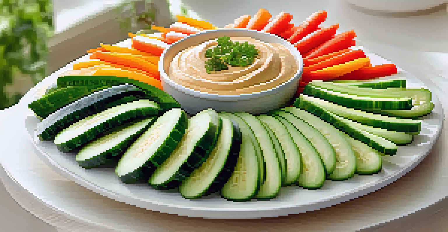 A white platter filled with raw vegetables like carrot sticks, cucumber slices, and bell pepper strips, accompanied by hummus dip, set in a bright kitchen.