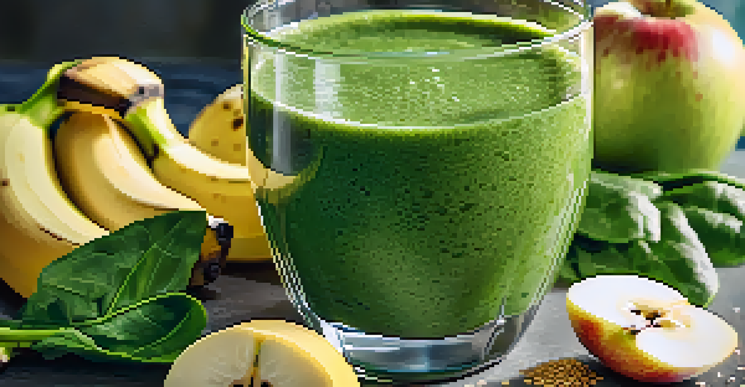 A clear glass of green smoothie topped with banana and chia seeds, surrounded by fresh fruits and vegetables.