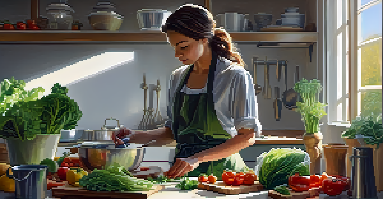 A person preparing a raw salad in a sunlit kitchen, with fresh vegetables and a cutting board on the countertop.
