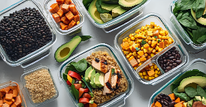 A kitchen countertop with colorful meal prep containers filled with quinoa salad, grilled chicken, roasted sweet potatoes, and fresh spinach, surrounded by fresh ingredients.