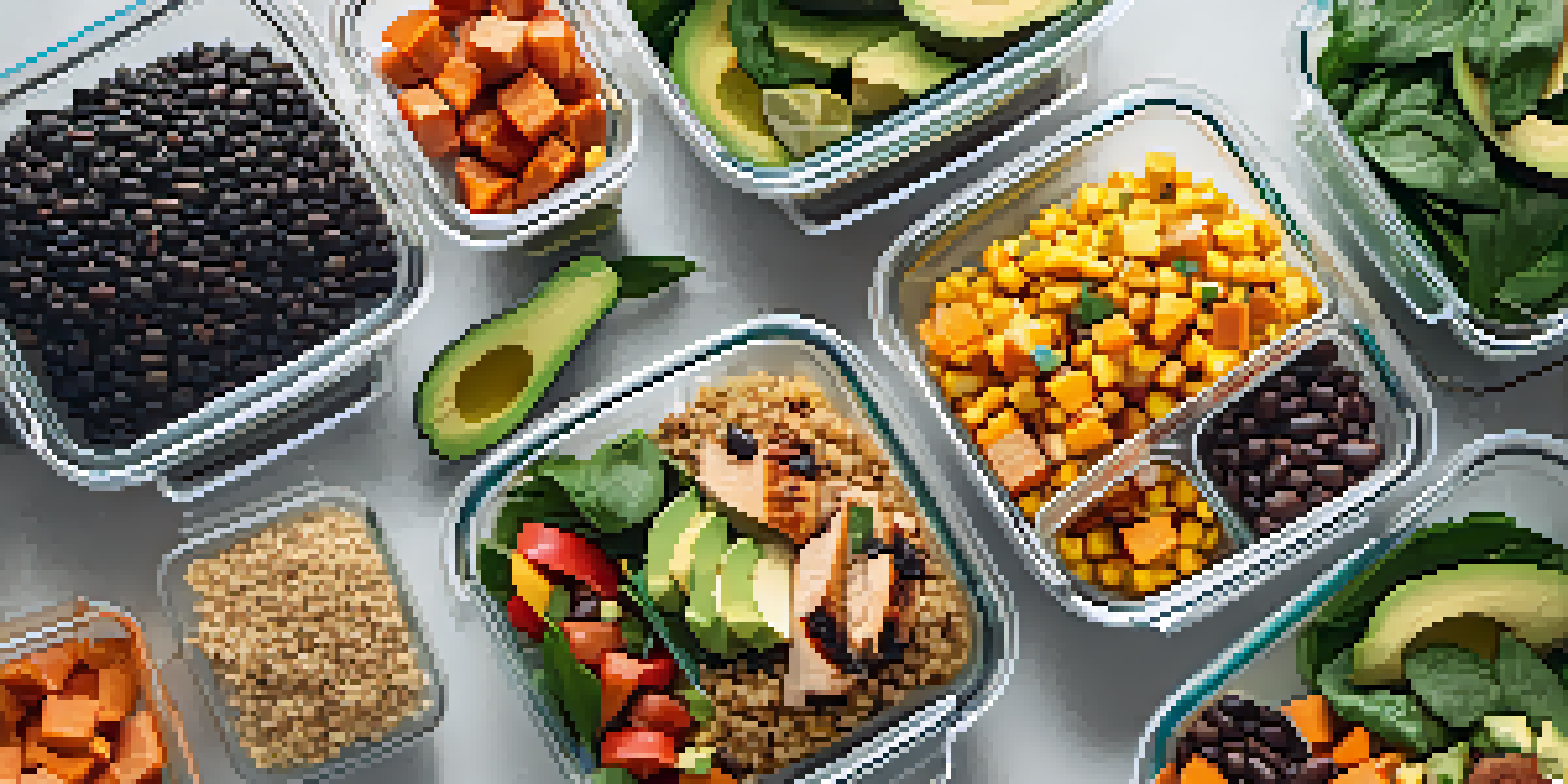 A kitchen countertop with colorful meal prep containers filled with quinoa salad, grilled chicken, roasted sweet potatoes, and fresh spinach, surrounded by fresh ingredients.