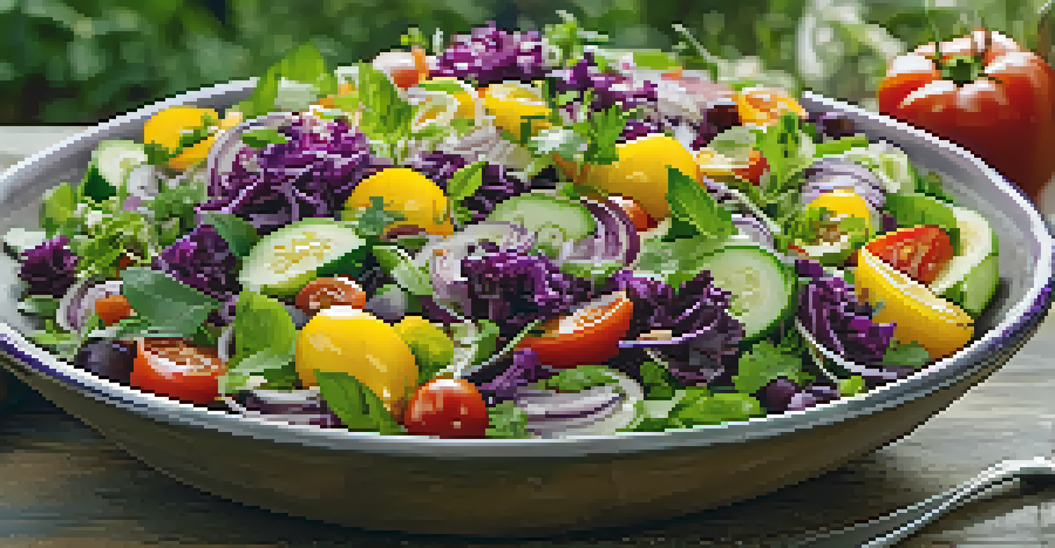 A large bowl of rainbow salad with various colorful vegetables and a lemon dressing on a sunlit patio table.